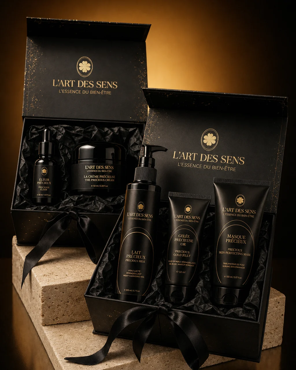 Un coffret L’Art des Sens ouvert, ses soins posés sur le papier de soie noir