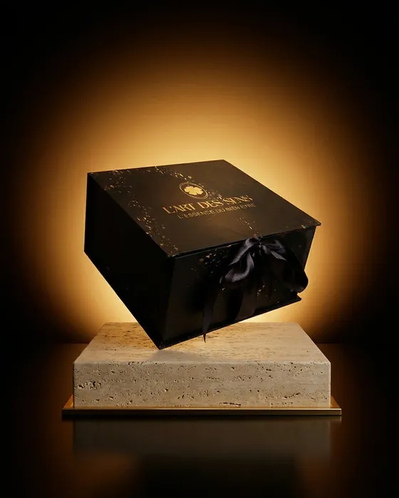 L’écrin cadeau noir L’Art des Sens, noué d’un ruban