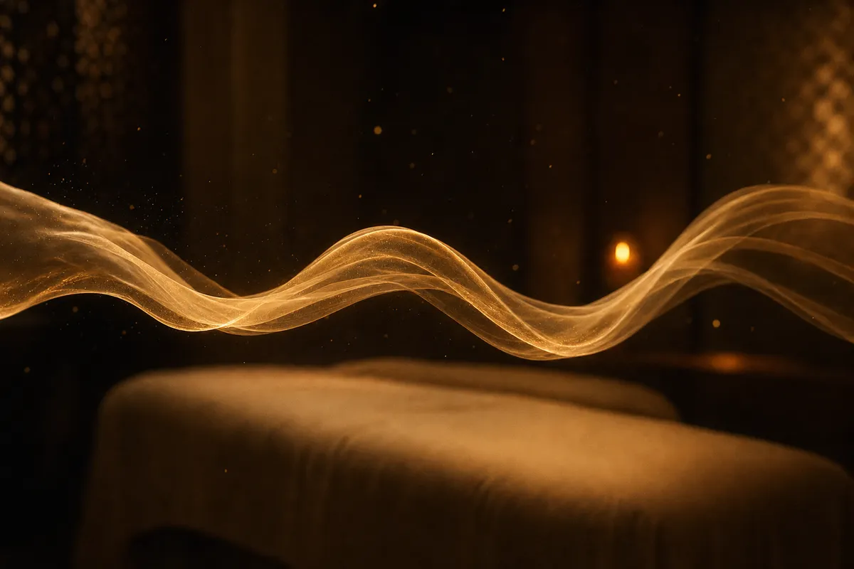 Un ruban de lumière dorée ondule comme une onde sonore dans la pénombre d’une cabine de soin de L’Art des Sens, à Marrakech