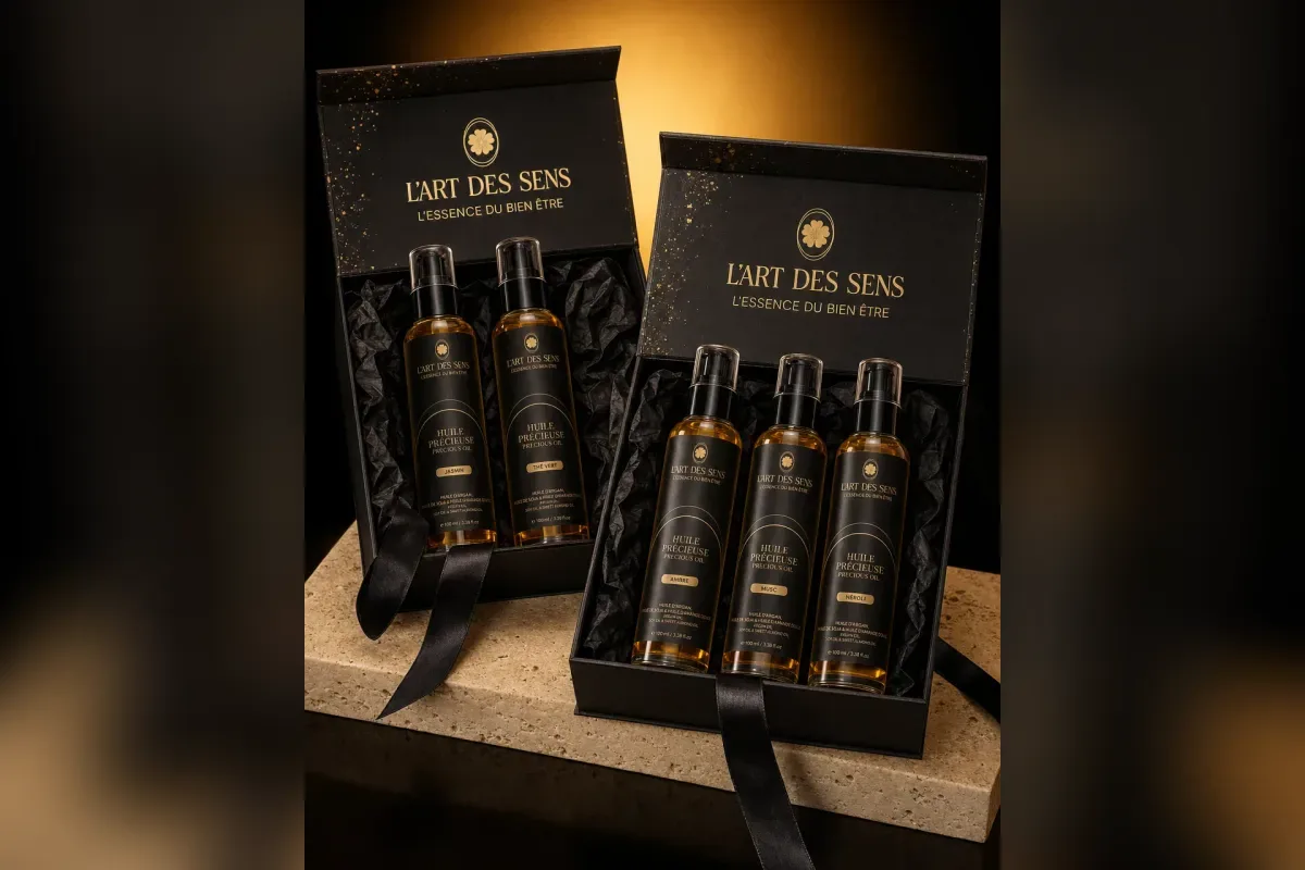 Coffret Découverte des Huiles Précieuses ouvert, cinq flacons d’huile dans leur écrin noir