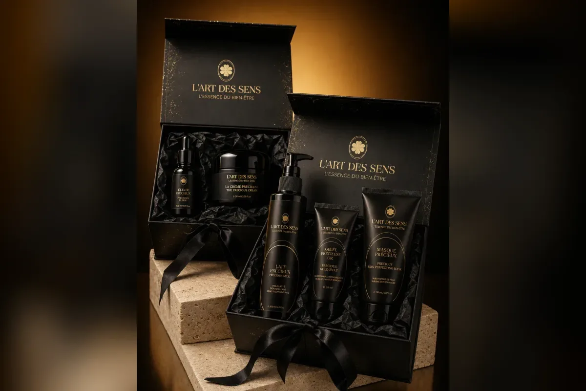 Coffret L’Instant Précieux ouvert : Gelée, Lait, Élixir, Crème et Masque dans leur écrin