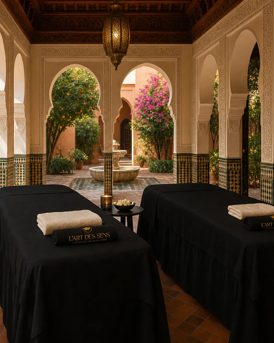 Deux tables de massage L’Art des Sens dressées sous les arcades d’une villa marocaine, prêtes avant l’arrivée de la cliente