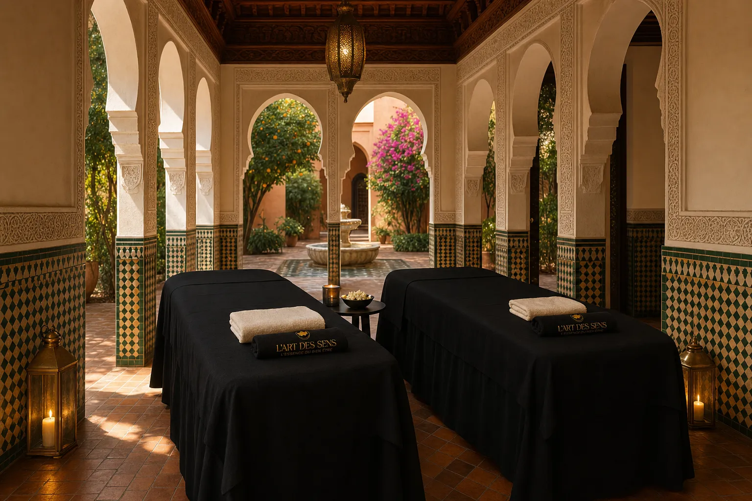 Deux tables de massage L’Art des Sens dressées sous les arcades d’une villa marocaine, prêtes avant l’arrivée de la cliente