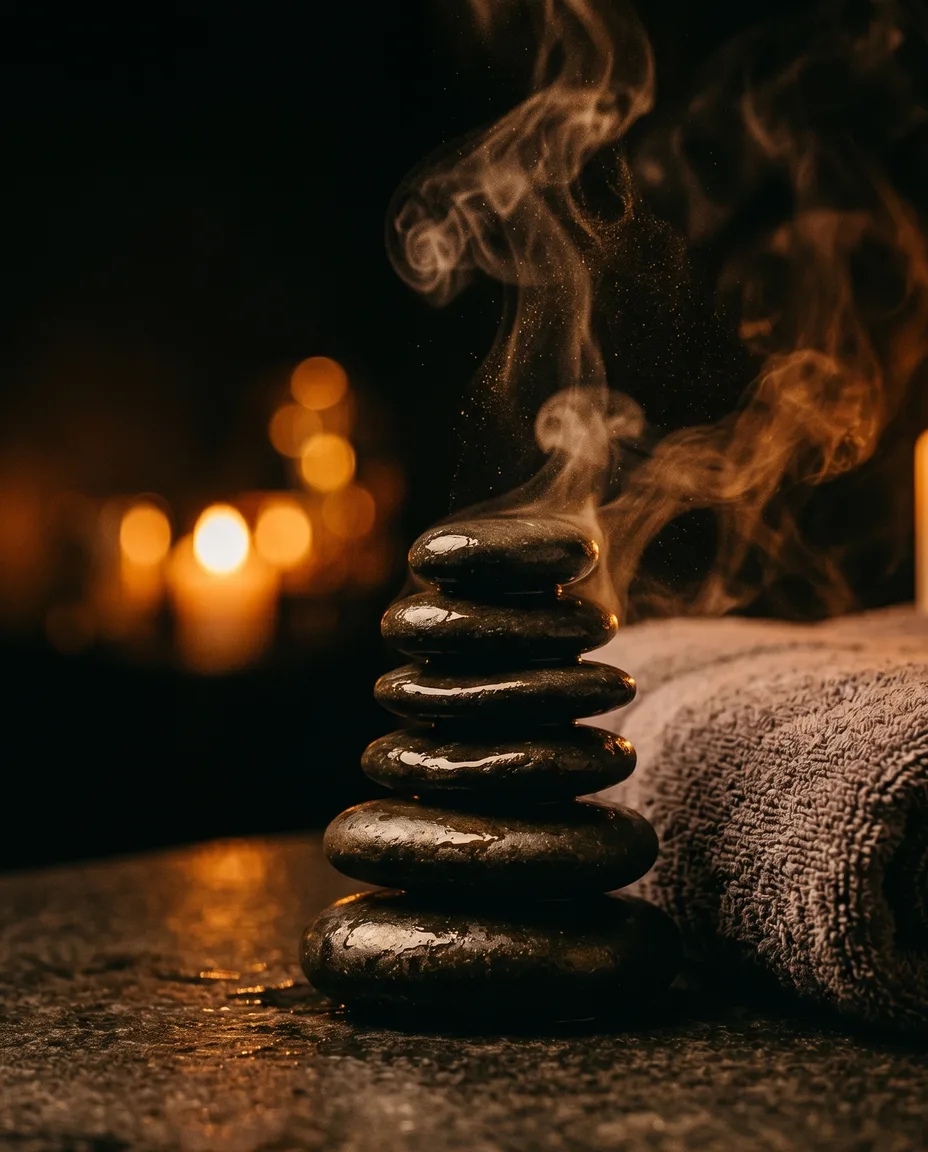 Pierres de basalte chaudes empilées et linge moelleux dans la vapeur, lueur dorée des bougies — La Recharge Profonde
