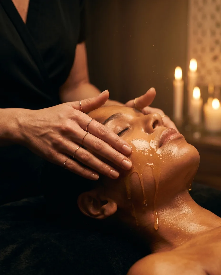 Soin du visage à l’huile précieuse dorée : gestuelle des mains sur le visage détendu, lueur des bougies — Soin Visage Précieux