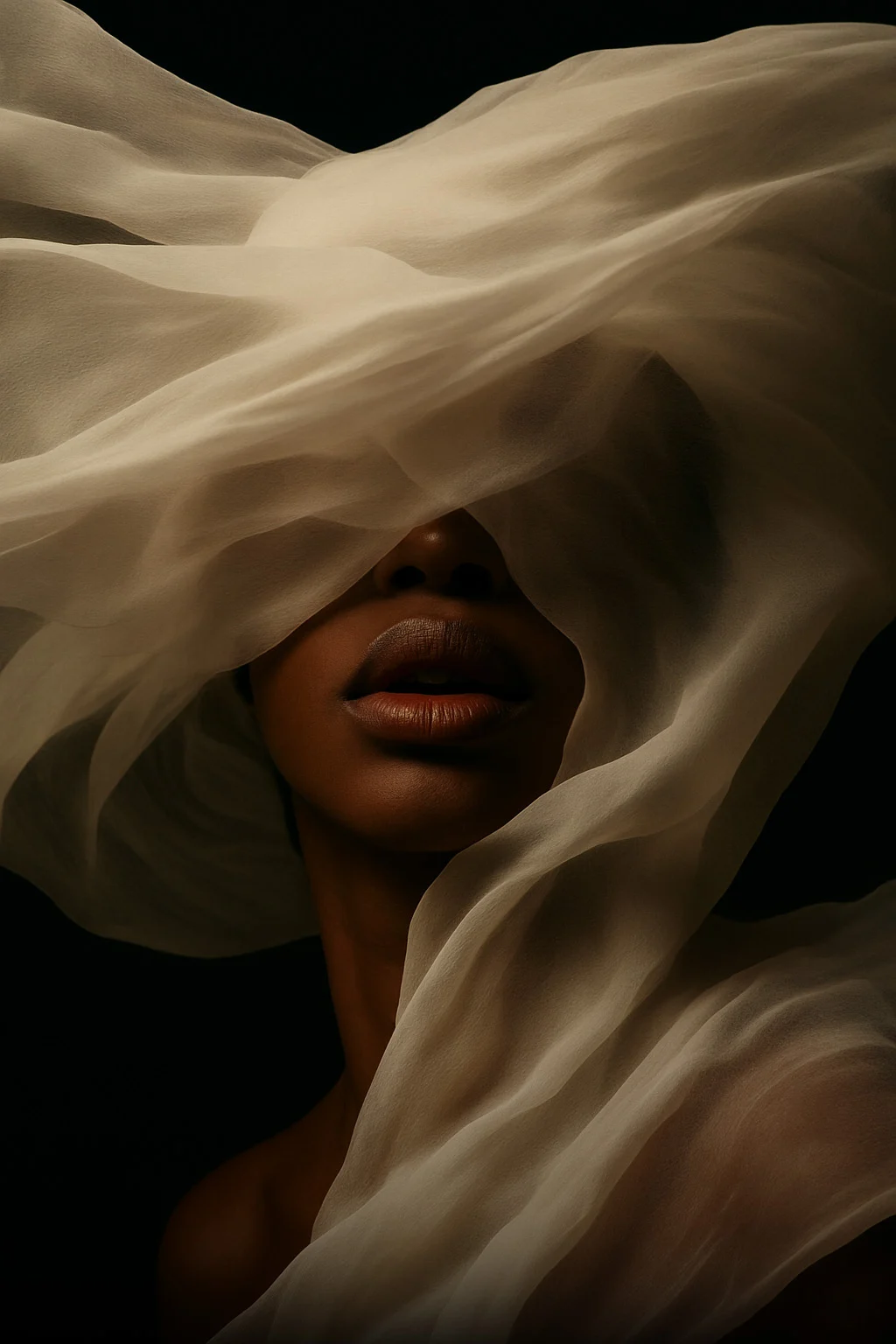 Portrait sensoriel : visage voilé d’une soie translucide, lèvres cuivrées, sur fond noir — L’Art des Sens